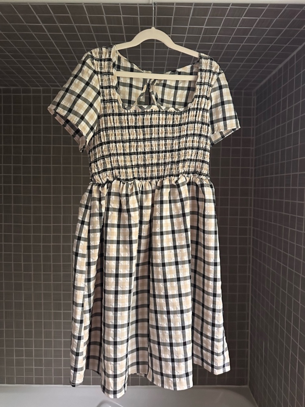 Nasty Gal Cream and Black Plaid Smocked Dress